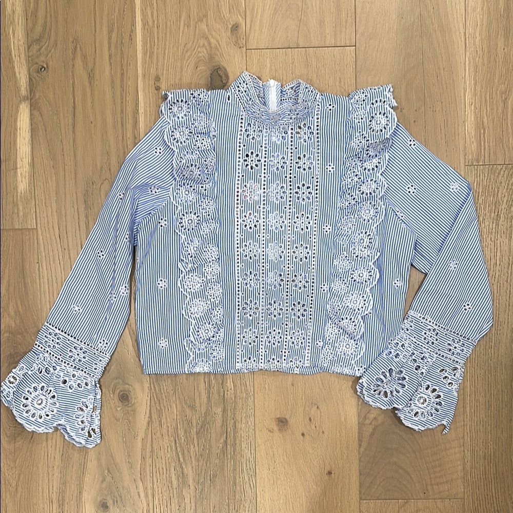 Chicwish Blue and White Striped Eyelet Ruffle Blouse